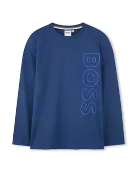 Футболка для мальчика из 100% хлопка с вертикальным логотипом BOSS Kidswear, темно-синий