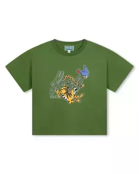 Футболка для мальчика из 100% хлопка с рисунком спереди Kenzo Kids, цвет Kaki