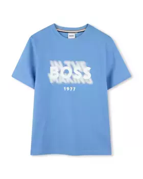 Футболка для мальчика из синего хлопка BOSS Kidswear, бирюзовый
