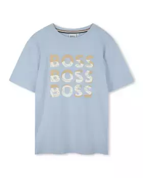 Футболка для мальчика из синего хлопка BOSS Kidswear, бирюзовый