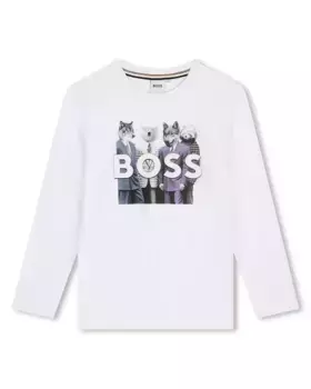 Футболка для мальчика с длинными рукавами из 100% хлопка BOSS Kidswear, белый