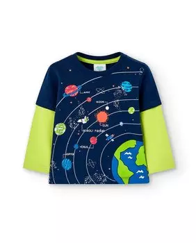 Футболка для мальчика с круглым вырезом и рисунком спереди Boboli, темно-синий