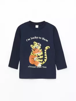 Футболка для мальчика с круглым вырезом и длинными рукавами с принтом LCW baby, темно-синий