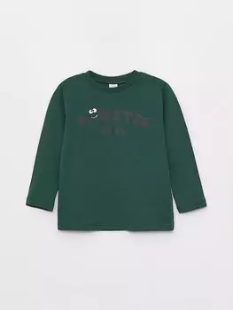 Футболка для мальчика с круглым вырезом и длинными рукавами с принтом LCW baby, темно-зеленый