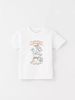 Футболка для мальчика с круглым вырезом и короткими рукавами с принтом LCW baby, оптический белый