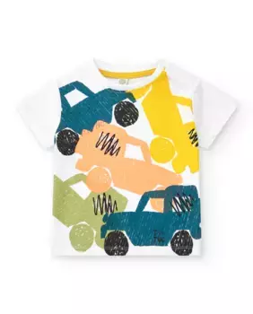 Футболка для мальчика с разноцветными транспортерами и застежкой на плечи Tuc tuc, белый