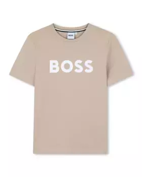Футболка для мальчиков с короткими рукавами и логотипом спереди из 100% хлопка BOSS Kidswear, бежевый