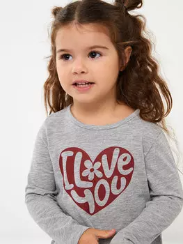 Футболка для маленьких девочек с круглым вырезом и длинными рукавами с принтом LCW baby, серый меланж