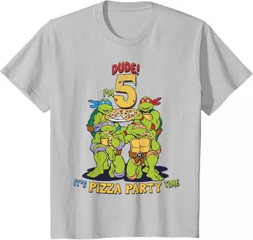 Футболка для подростков Teenage Mutant Ninja Turtles I'm 5 Dude Pizza Birthday Party, серебристо-серый