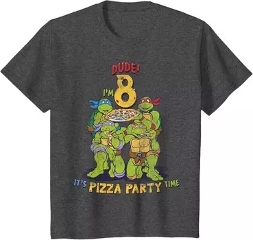 Футболка для подростков Teenage Mutant Ninja Turtles I'm 8 Dude Pizza Birthday Party, темно-серый вереск