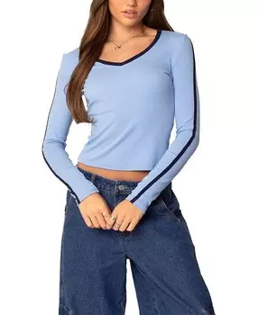 Футболка Edikted с контрастным V-образным вырезом и длинными рукавами, синий