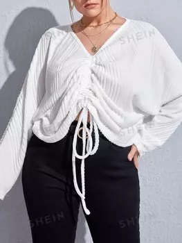 Футболка Essnce, больших размеров, длинные рукава-буфы, кулиска, жатый шов спереди Shein, белый