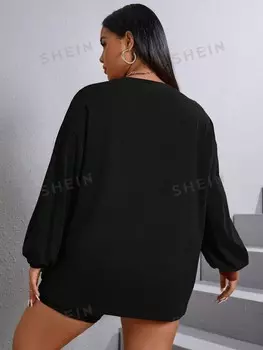 Футболка EZwear Plus, с открытыми плечами, рисунок, буквы Shein, черный