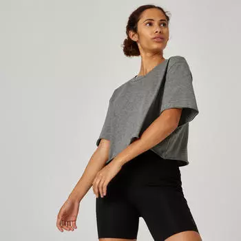 Футболка Fitness Crop 520 Top Round Neck Cotton Women's Grey DOMYOS, Серый