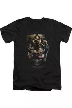 Футболка / футболка из хлопка премиум-класса с коротким рукавом и V-образным вырезом для взрослых «Бэтмен против Супермена Три в действии» Gildan, черный