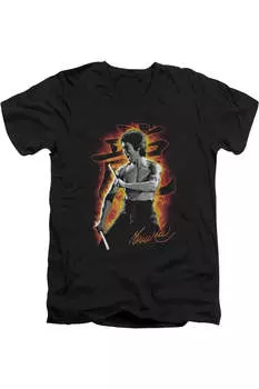 Футболка/футболка из хлопка премиум-класса с коротким рукавом и V-образным вырезом для взрослых с изображением дракона Брюса Ли Gildan, черный