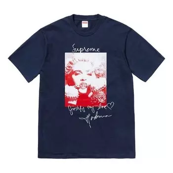 Футболка fw18 madonna tee navy printing short sleeve navy blue Supreme, синий