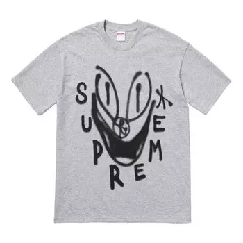 Футболка fw18 smile tee heather grey graffiti smiling face printing short sleeve gray Supreme, серый