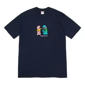 Футболка fw19 week 17 bite tee cartoon graffiti printing short sleeve navy blue Supreme, синий
