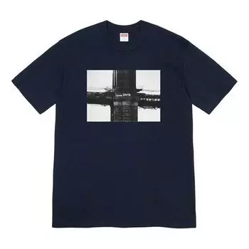 Футболка fw19 week 17 bridge tee graffiti printing short sleeve navy blue Supreme, синий