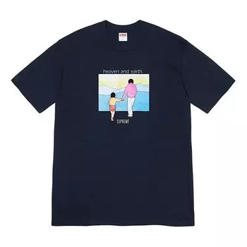 Футболка fw19 week 1 heaven and earth tee printing short sleeve navy blue Supreme, синий