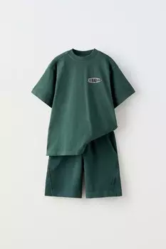 Футболка garment dye и шорты-бермуды комбинированные ZARA, зеленый
