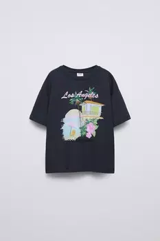 Футболка гавайи ZARA, темный антрацит