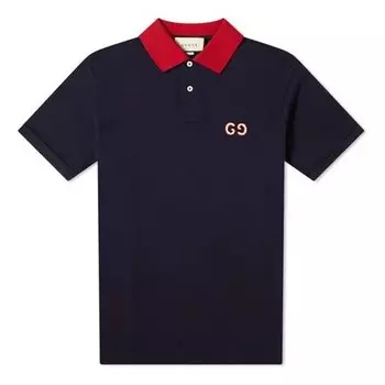 Футболка gg logo embroidered contrasting colors short sleeve polo shirt navy blue Gucci, синий