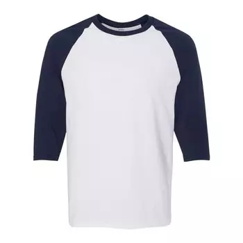Футболка Gildan из плотного хлопка реглан с рукавами три четверти, цвет White And Navy