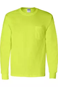 Футболка Gildan Ultra Cotton с длинными рукавами и карманом, цвет safety green