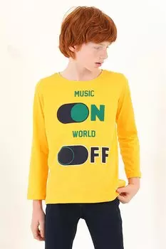 Футболка горчичного цвета с круглым вырезом и длинными рукавами с принтом и музыкой для мальчика Zepkids