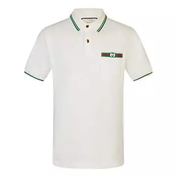 Футболка GUCCI-Embellished Webbing And Interlocking GG Cotton Short-Sleeved Polo Shirt For Men White, цвет ivory