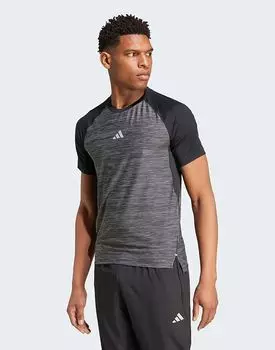 Футболка Gym+ training с тремя полосками черного меланжевого цвета adidas performance