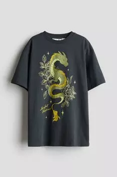 Футболка H&M Kids Oversized Printed Dragon, темно-серый