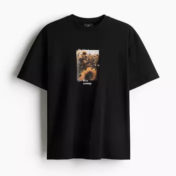 Футболка H&M Loose Fit Printed Sunflowers, черный