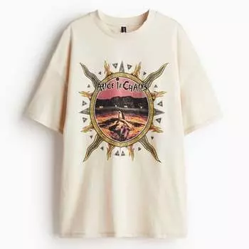 Футболка H&M Oversized Printed Alice in Chains, светло-бежевый