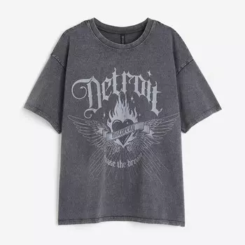 Футболка H&M Oversized Printed Detroit, темно-серый