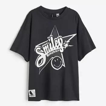 Футболка H&M Oversized Printed Smiley, темно-серый