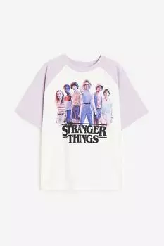 Футболка H&M Stranger Things Printed Cotton, белый/светло-фиолетовый