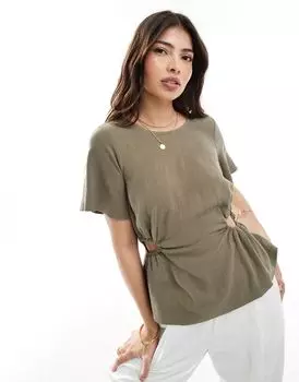 Футболка хаки с льняным эффектом и вырезами ASOS DESIGN