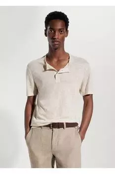 Футболка Henley из 100% льна Mango, экрю