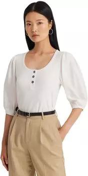 Футболка Henley из эластичного хлопка Petite с пышными рукавами LAUREN Ralph Lauren, белый