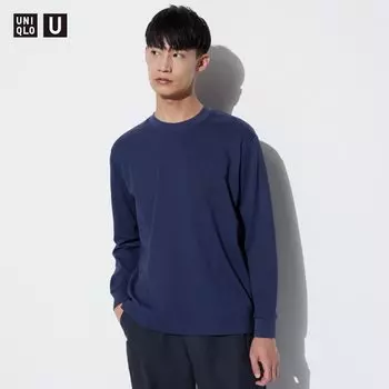 Футболка хлопковая Uniqlo AIRism с длинным рукавом, темно-синий