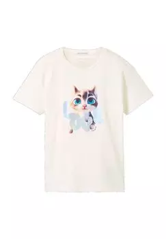 Футболка, хлопок, принт «кошка спереди», детская TOM TAILOR, цвет Wool White