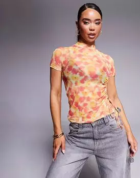 Футболка Hugo Red из сетки с высоким воротом, цветочным принтом желтого и розового цветов, с завязками сбоку и сборками