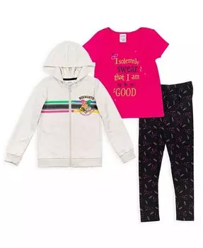 Футболка и леггинсы с капюшоном из французского терри на молнии для девочек Гриффиндор Хаффлпафф, комплект из 3 предметов Harry Potter, мультиколор