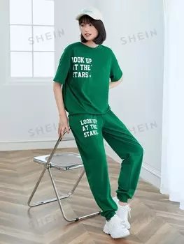 Футболка и спортивные штаны с надписью Mulvari Shein, зеленый