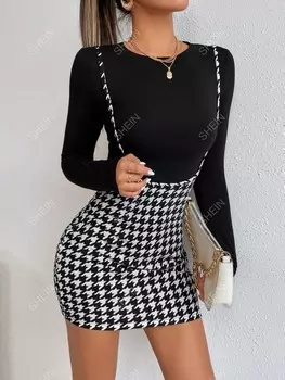 Футболка и юбка с круглым вырезом PETITE, узор «хаустуз», подтяжки с принтом Shein, черно-белый