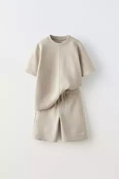 Футболка interlock и шорты-бермуды комбинированные ZARA, жемчужно-серый