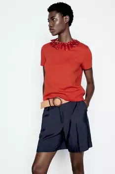 Футболка интерлок с коротким рукавом ZARA, цвет brick